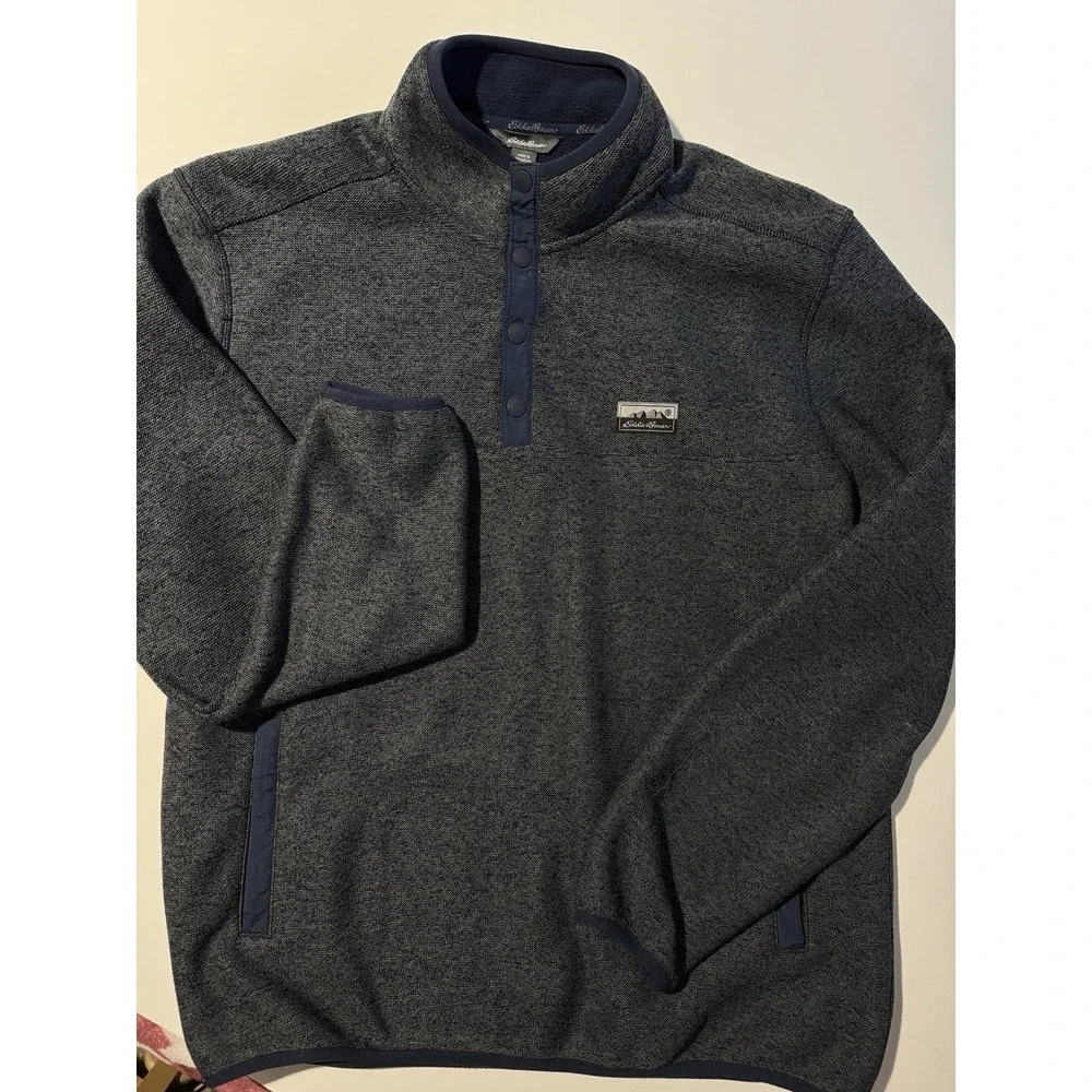 Eddie Bauer Sweater Fleece Men's Heather Navy Long Sleeve Pullover‎ Snap Large - Picture 2 of 9
